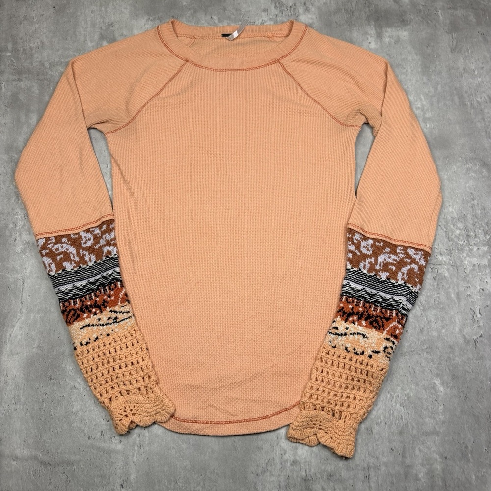 Free People In The Mix Cuff Thermal Top In Desert Orange Knit Crochet Womens S